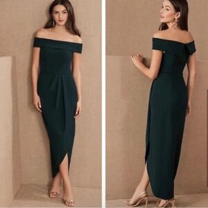 BHLDN Thompson Off-Shoulder Dark Green Midi Dress
